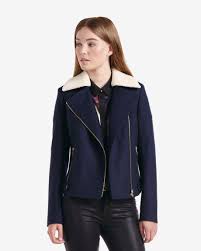 Faux Shearling Collar Biker Jacket Navy Jackets Coats Biker Jacket Shearling Collar Navy Jacket