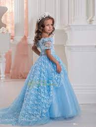 Gorgeous Blue Lace Flower Girl Dresses With Train Ball Gown Kids Prom Party Dresses First Communion Dresses For Girls Girls Pageant Dresses Flower Girl Dresses Flower Girl Dress Lace Flower