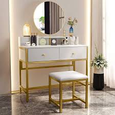 Amazon Com Tribesigns Large Vanity Set With Round Mirror And Cushioned Stool Makeup Vanity And Stool In 2020 Vanity Set Dressing Table Vanity Dressing Table Storage