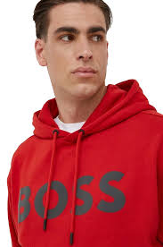 BOSS Cotton Terry Hoodie with Rubber Print Logo in Red Regular Fit