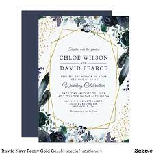Rustic Navy Peony Gold Geometric Frame Wedding Invitation Zazzle Com Geometric Wedding Invitation Wedding Invitations Borders Navy Blue Wedding Invitations