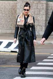 Bella Hadid Copied Kendall Jenner With Her Latest Airport Outfit Long Leather Coat Bella Hadid Outfits Leather Coat Outfit