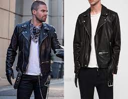 Oliver Wears Allsaints In 7x09 Elseworlds Part 2 Black Leather Biker Jacket Biker Jacket Men Mens Casual Outfits