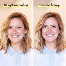 Here S What Tinted Brows Look Like On A Blonde A Brunette Dye Eyebrows Eyebrow Tinting Blonde Hair Eyebrows
