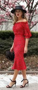 The Prettiest Polka Dot Pieces For Spring Red Polka Dot Off The Shoulder Midi Dress Black Bolero Hat Black Strap Heel Blogger Dress Fashion Polka Dress