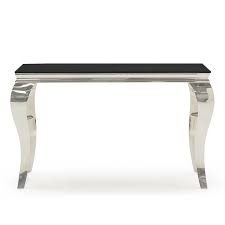 Elegancia Chrome Black Glass Console Table Glam Home Store Glass Console Table Black Glass Console Table