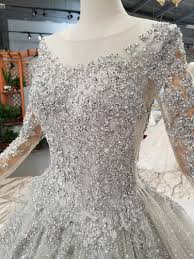 Luxury Grey Long Sleeve Crystal Beaded Wedding Gown With Matching Veil Beaded Wedding Gowns Wedding Dress Long Sleeve Ball Gowns Wedding