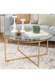 Walker Edison Furniture Company 36 Glass Gold Coffee Table With X Base Hautelook Gold Coffee Table Round Glass Coffee Table Round Coffee Table Modern