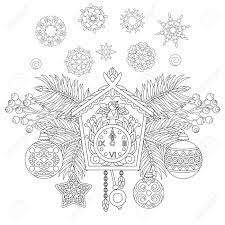 christmas coloring page holiday hanging decorations and fir tree branches around wall cuckoo clock freehand sketch drawing for 2018 happy new year greeting card or adult antistress book royalty free cliparts coloriage artisanat en papier