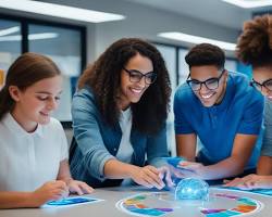 Изображение: students collaborating on a project using AI tools, both in a classroom setting and remotely through video conferencing