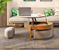 Amazing Rising Coffee Table Has 3 Integrated Ottomans That Hide Underneath It Creative In 2020 Coffee Table Living Room Ottoman Coffee Table Coffee Table Small Space