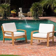 Amazon Com Gdf Studio Parma 4 Piece Outdoor Wood Patio Furniture Chat Set W Water Resistant Cu Lounge Chair Outdoor Teak Patio Furniture Wood Patio Furniture