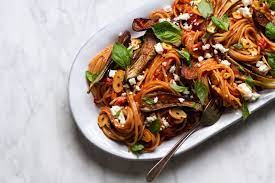 Roasted Eggplant Crisp Garlic And Basil Pasta Recipe Recipe Basil Pasta Recipes Eggplant Recipes Healthy Roasted Eggplant Pasta