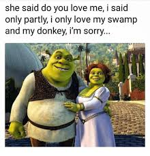 Donkey Love And Memes She Said Do You Love Me I Said Only Partly I Only Love My Swamp And My Donkey I M S Explain A Film Plot Badly Shrek Memes