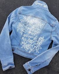 Black And Blue Split Denim Jacket Song Lyric W Flowers Custom Mrs Jacket Bride Denim Etsy In 2020 Hand Painted Denim Jacket Denim Simple Painted Denim Jacket