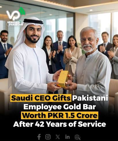 After 42 years of steady service, loyalty was honored in a remarkable way.  A Saudi company leader, Abdul Salam Al-Mutlaq, surprised his longtime Pakistani  employee with a gold bar worth 200,000 SAR