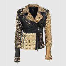 Woman Philipp Plein Multicolor Full Golden Studded Leather Jacket Bestsale Coats Jackets Studded Leather Jacket Punk Dress Stylish Jackets