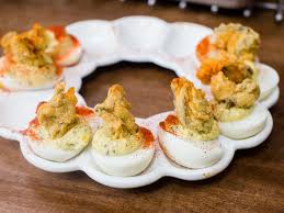 Lemon Caper Deviled Eggs With Fried Oysters Recipe Fried Oysters Deviled Eggs Food Network Recipes