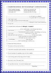 Although Though Even Though In Spite Of Despite Exercises Pdf Despite In Spite Of Although Worksheets