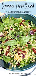 This dish was created to be a breakfast, and this is certainly a fine start to the day! Spinach Orzo Salad Vegan Mediterranean Recipes Best Vegan Salads Meat Free Recipes