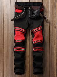Black And Red Jeans Men Zipper Color Block Biker Jeans Black Jeans Men Cheap Denim Jeans Biker Jeans