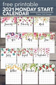Free Printable 2021 Floral Calendar Monday Start Paper Trail Design In 2020 Free Printable Calendar Calendar Printables Planner Printables Free