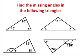 Subtract the two known angles from 180 °: Find The Missing Angle In A Triangle Examples Solutions Videos Worksheets Activities