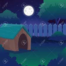 11,46 dias próxima fase da lua. Paisagem Da Noite Dos Desenhos Animados Com Ceu Estrelado Lua Cheia Arvores E Arbustos Com Folhagens Verdes Cerca De Madeira Quintal Com Casinha De Cachorro Fundo De Natureza De Verao Vector Plana