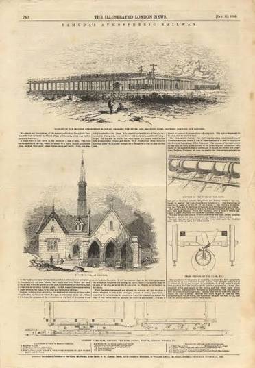 Print; "Samuda's Atmospheric Railway", with views of the Croydon Atmospheric Railway, published in the Illustrated London News, Page 240, 11 October 1845 | London Transport Museum