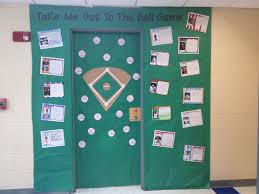 Even if the fire marshal says it's a no go on the classroom door decorations then these can be great inspiration for a bulletin board! Baseball Classroom Door Sports Theme Classroom Classroom Themes Door Decorations Classroom