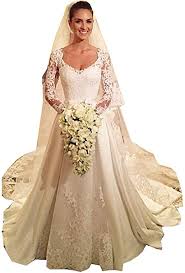 Traumhafte vintage brautkleider für kreative und selbstbewusste frauen, die ihre individuelle, natürliche seite zeigen wollen. Cgown Damen A Linie Wasserfallkragen Langarm Spitze Applique Hochzeitskleider Fur Braut Mit Zug Satin Brautkleid Gr 38 Weiss Amazon De Bekleidung