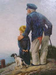 An old man on the sea shore. Gilt Framed Oil Painting On Board Old Man Child Dog Looking At Sea Approx 12 X 16