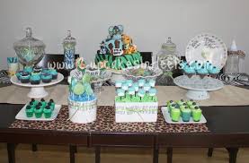 Dessert Bar For Baby Shower Safari Jungle Theme In Colors Aqua Blue And Apple Green Elephant Baby Shower Boy Baby Shower Menu Jungle Baby Shower