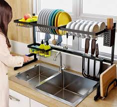 the sink dish drying rack and storage area
