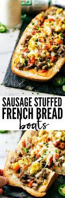 Sausage Stuffed French Bread Boats Are Such A Delicious And Easy Breakfast Stuffed With Sausage Cheese Eggs Bell Peppers Bread Boats Eat Breakfast Recipes