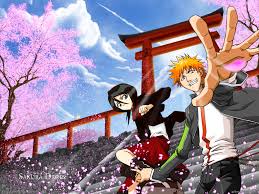 How to bleach hair without damage: Animal Bird Black Hair Bleach Boots Brown Eyes Chain Cherry Blossoms Clouds Flowers Kubo Tite Kuchiki Rukia Kurosaki Ichigo Male Orange Hair Petals Purple Eyes Scarf Short Hair Skirt Sky Stairs Torii