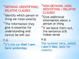 Try to use all possible relative pronouns (who, whom, which, that, in which, at which, when) or no relative pronouns. Relative Clauses Online Presentation