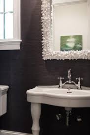 Grasscloth wallpaper in metallic and off white design by. French Parisienne Sink With Black Grasscloth Wallpaper Transitional Bathroom