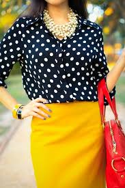 Black And Yellow Skirt Outfit Fall Look Mustard Yellow Skirt With Navy Blue Polka Dot Print Top Fashion Mustard Yellow Skirts Clothes