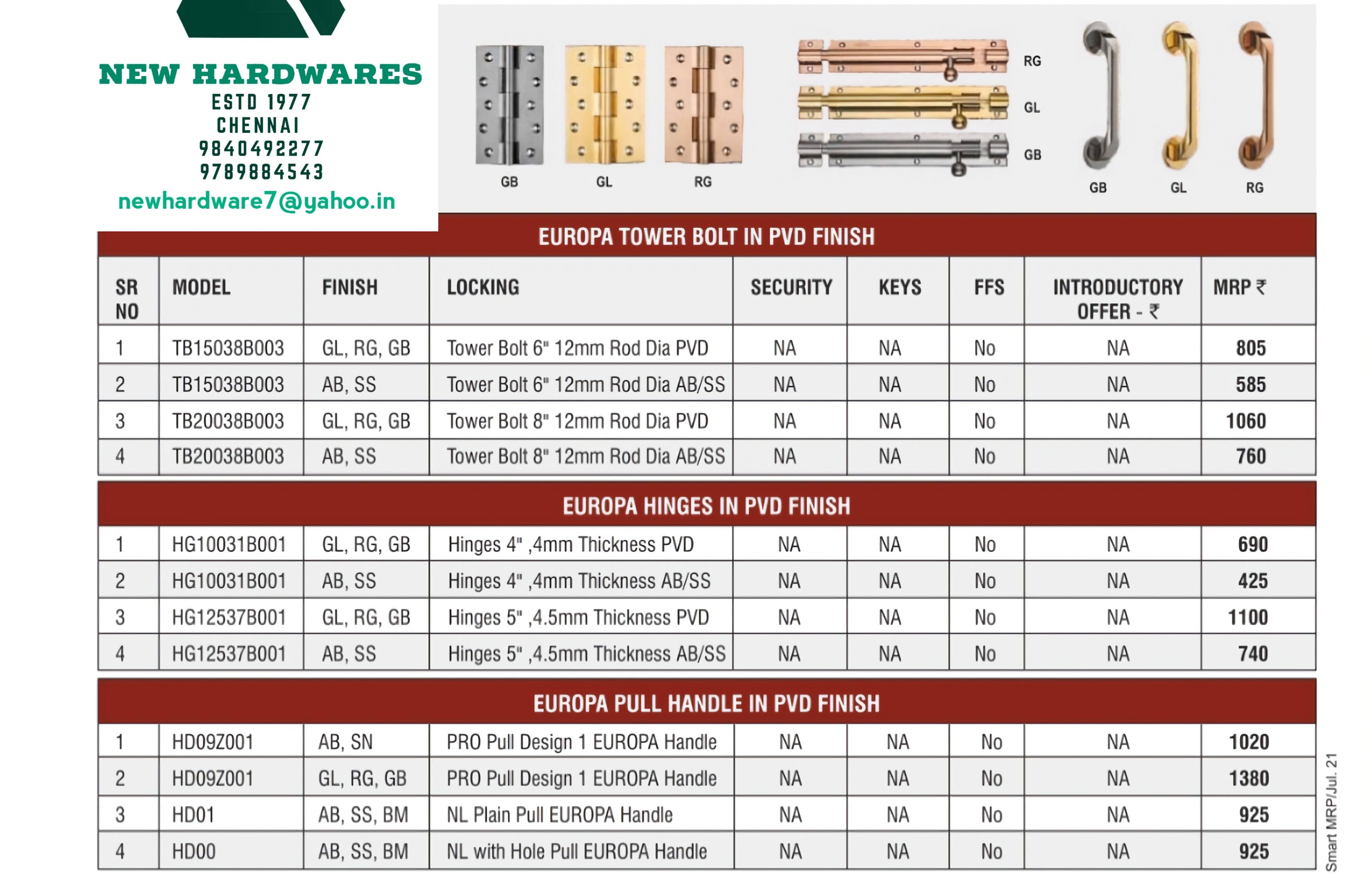 Europa brass hinges & towerbolt product image