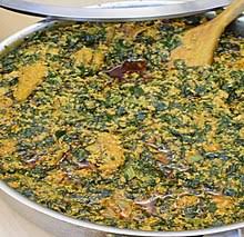 Nigerian egusi soup is a soup thickened with ground melon seeds and contains leafy and other vegetables. Cookbook Egusi Soup Wikibooks Open Books For An Open World