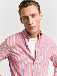 GANT Regular Fit Poplin Stripe Shirt, Brick Red/Multi