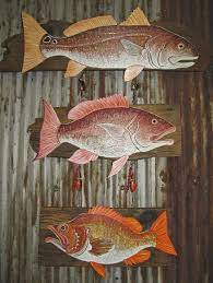 Seeing Red Redfish Red Snapper And Deepwater Redfish That Is Driftwood With Acrylic Paint And Fishing Tackle All Sort Red Fish Fish Art Fish Painting