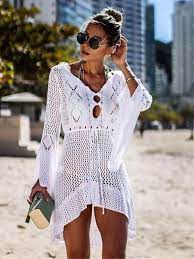 Flared Sleeves Crochet Swimwear Cover Ups Swimsuit Beach Dress Knit Swimwear Crochet Beach Dress