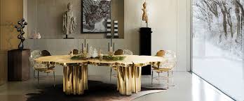 The oval dining room table fits at least 6 kitchen dining chairs, and the stand design allows the table and chairs set to easily fit in a variety of dining area measurements. 20 Luxury Dining Rooms With Golden Details
