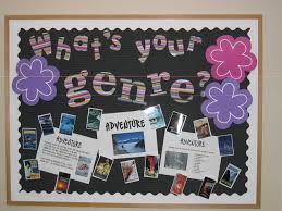 What A Great Way To Promote A Lot Of Books From Different Genres School Library Decor School Library Bulletin Boards School Library Displays