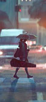 A Drawing Of A Girl Walking Across The Street On A Rainy Day Looks So Realistic That It Makes You Do A Dou Anime Wallpaper Iphone Anime Scenery Rainy Wallpaper