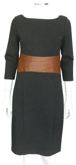 Nue By Shani Charcoal Gray W W Tan Faux Leather Waistband Eu 44 Mid Length Work Office Dress Size 8 M