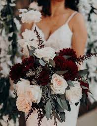 Bouquet with purple garden roses and succulent. Deep Red Burgundy And Grey With A Touch Of Gold For Fall Wedding Gold Wedding Bouquets Winter Wedding Decorations Wedding Bouquets