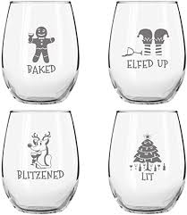 Amazon Com Drunk Christmas Funny Stemless Wine Glasses Set Of 4 Hilarious Christmas Themed Wine Glass For Holiday Party 4 Designs 15 Oz Cheerful Party Cups Gift Exchange Christmas wine glasses 16.9 oz set of 2 festive santa belt and snowman drinking goblets cups with stem xmas holiday wineglass gift red green and white colored painted winter glassware.